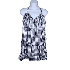 1 Piece Skirt Bathing Swimsuit 4XL Black White Check Pattern Fringe Neckline